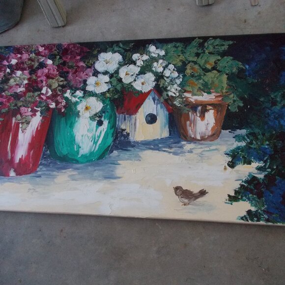 Other - Vintage Pots and Birdhouses with Bird" 36"x18"x1" oil painting